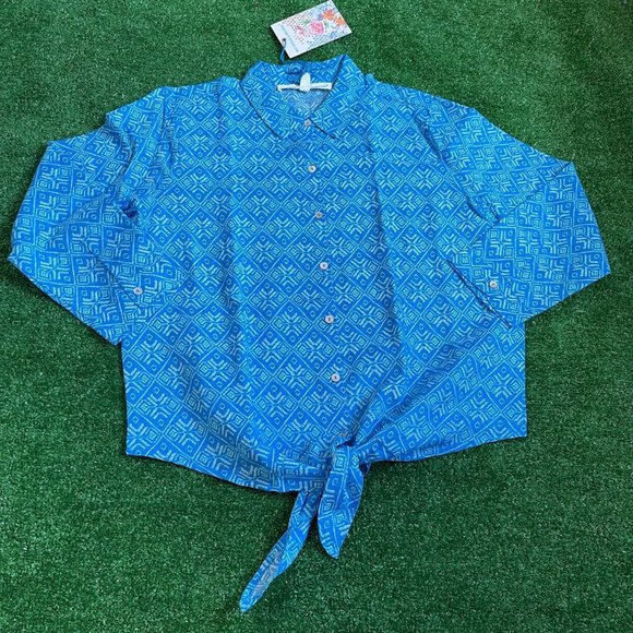 Mac Dougal & Houston Button-Up 3/4 Sleeve Tie Front Linen Blend Blue Shirt L NEW - Picture 1 of 13